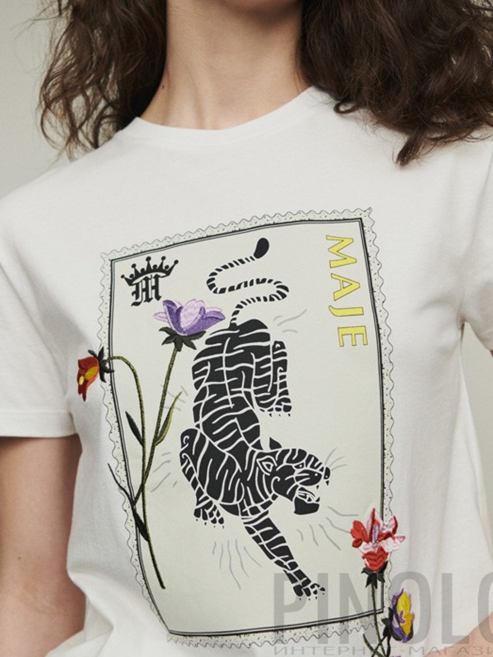 🐅 Maje White Tee with Black Tiger Stamp and Floral Embroidery SZ 1 / SM🥀 - Picture 9 of 17